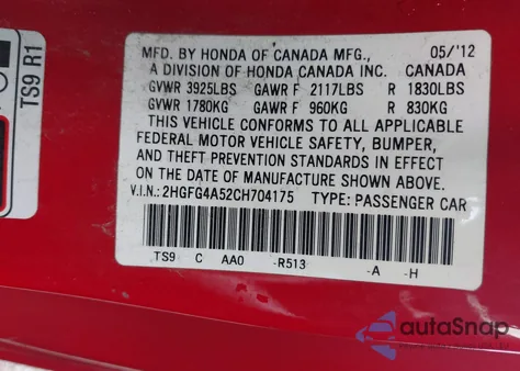 2012 Honda Civic Si from USA, damaged, VIN 2HGFG4A52CH704175